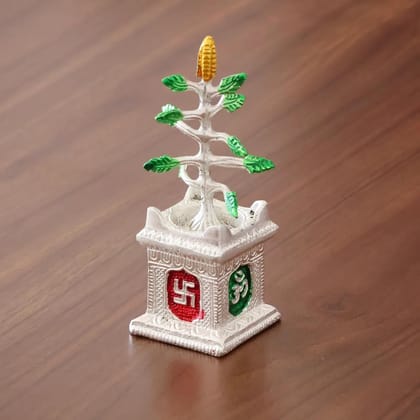Dreamkraft Graceful Tulsi Plant Decorative Showpiece in Silver Finish - Sacred Figurine for Pooja Room, Home Temple, Office & Gifting - Symbol of Positivity & Devotion (5 x 5 x 14 cm)
