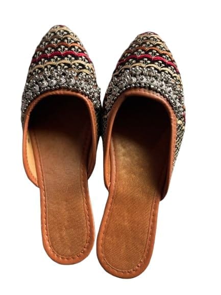 TULIP Traditional Artisians' Upliftment Livelihood Program Jaipuri Jutti Black and Gold with Ghungroo Embellished Slip-On Mules, Multicolor Sequin and Beadwork, Pointed Toe, Flat Footwear