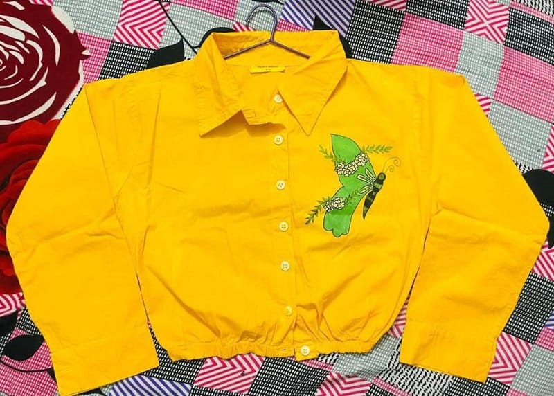 Kajal Creation Women's Full Sleeve Butterfly Print Crop Shirt (Yellow, Size: M)