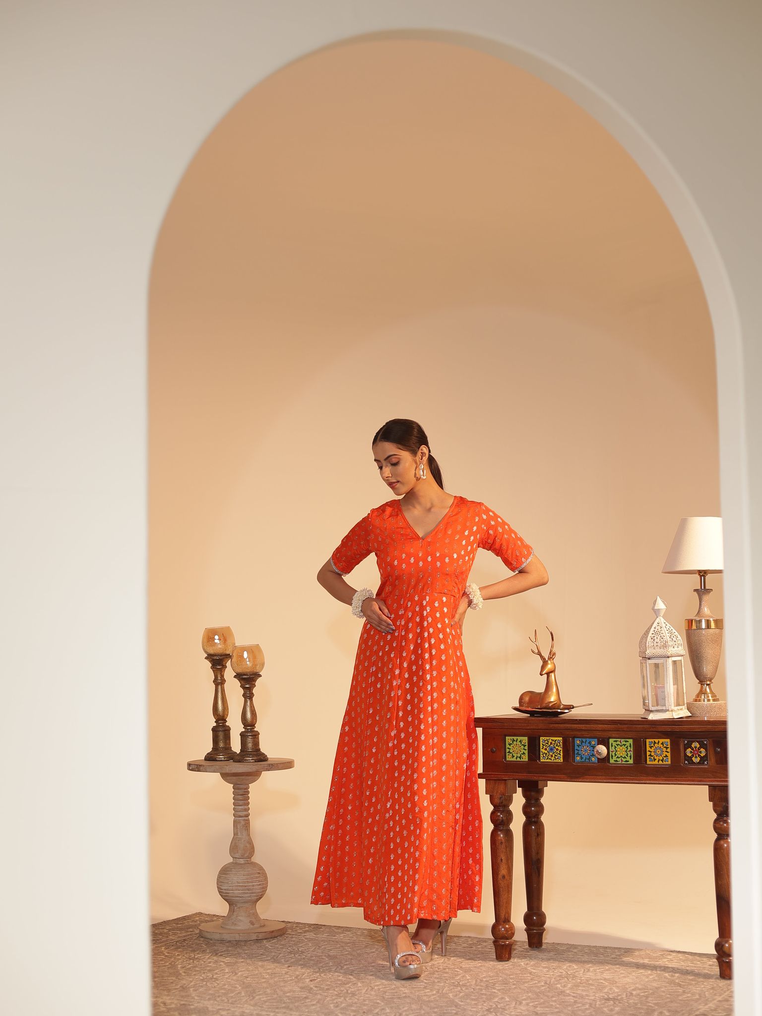 Vibrant Orange Silk-Georgette Anarkali Kurta | Silver Butti & Zari