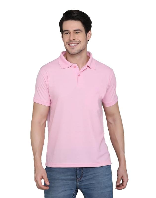 Men's Casual Half Sleeve Solid Cotton Blended Polo Neck T-Shirt (Pink, L)-PID47127