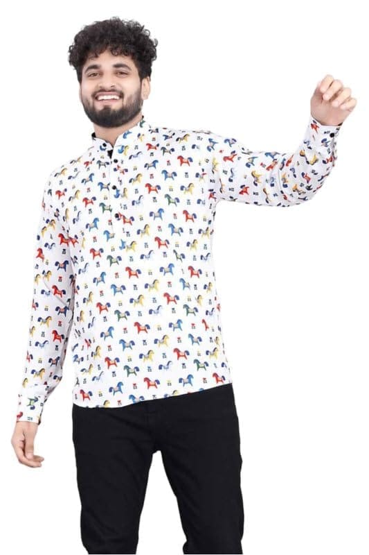 Men's Cotton Blended Printed Full Sleeve Shortkurta (Multicolor, L)-PID53477