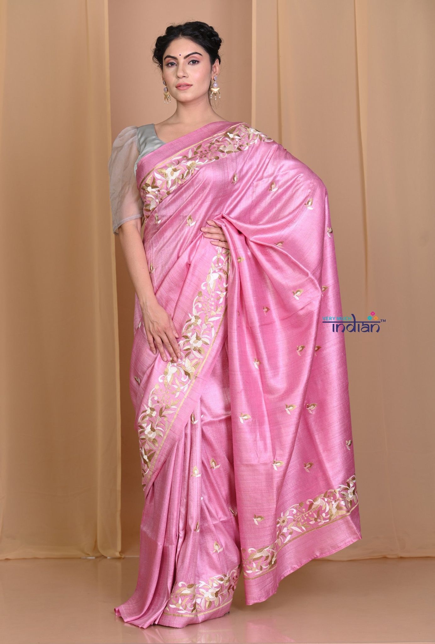 Pehal~Exclusive Frosty Pink Tussar Gicha Handloom Saree with Floral Embroidery