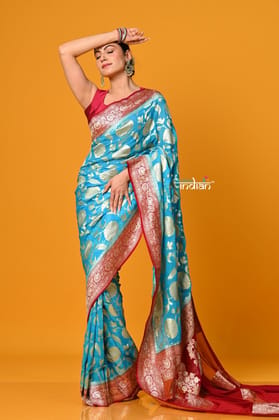 Suhaani ~ Handloom Khaddi Georgette Saree With All Over Floral Jaal~ Saline Blue with Red