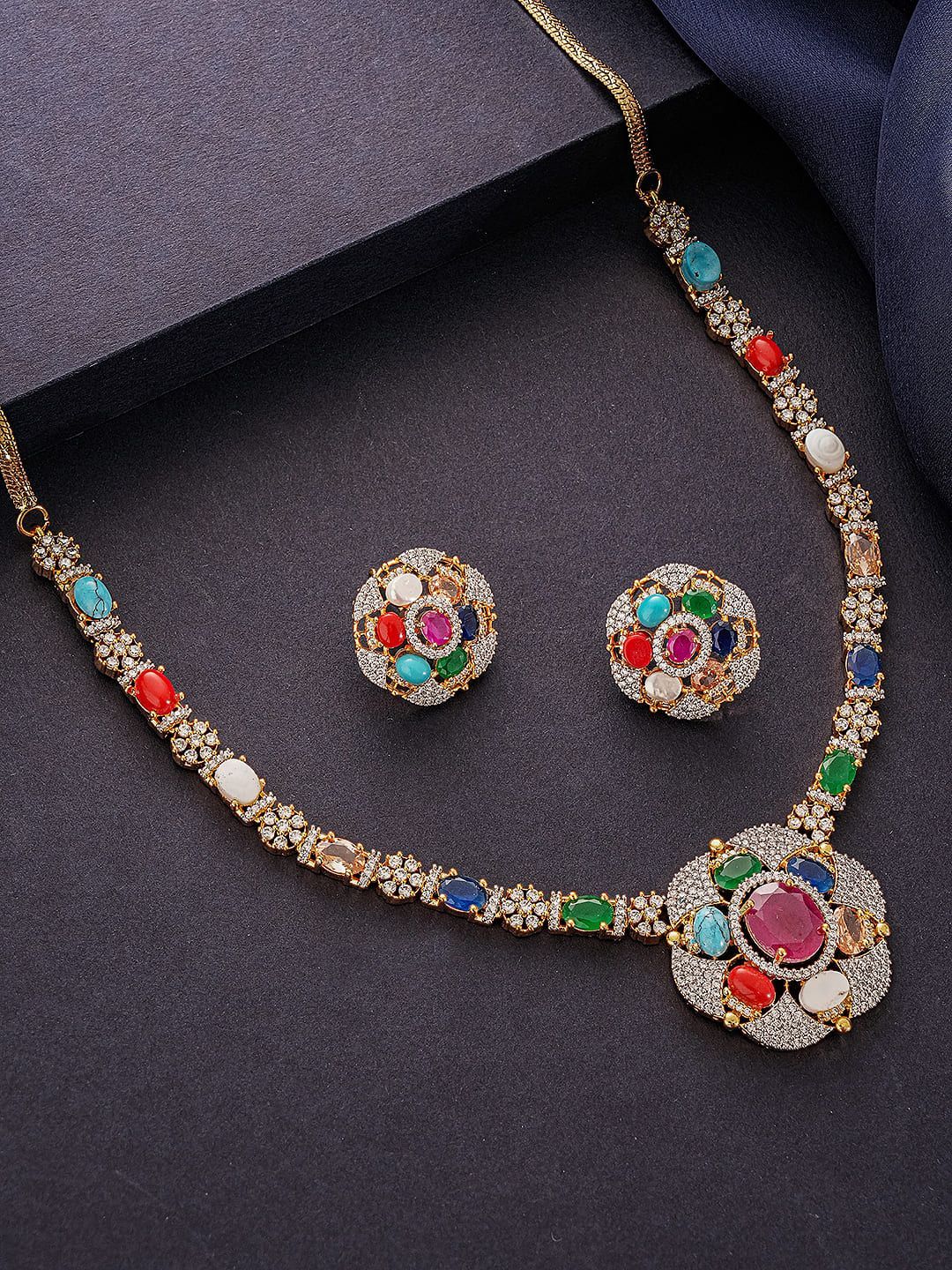 Gold Plated Nav Ratna Zircon Studded  Temple Minimal Jewellery Set