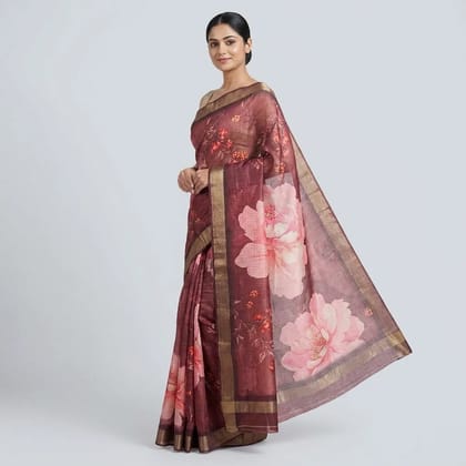Brown Kashmiri Silk Floral Print Saree For Women