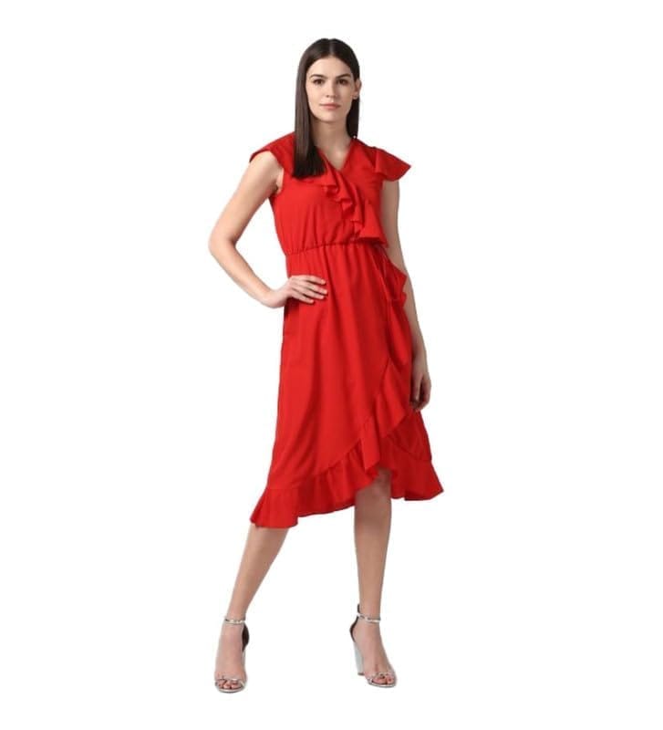 Women's Polyester Ruffled Cap Sleeve Knee-Length Dress (Red, S)-PID55763