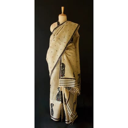 Beige Handloom Saree with Black Motif and Striped Border