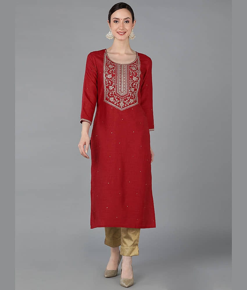 Vaamsi Chanderi Embroidered Straight Women's Kurti - Red ( Pack of 1 )