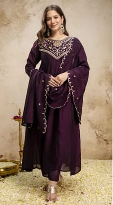 Vaidehi Fashion Cofee Anarkali Embroidered Vichitra Silk Kurta Set with Dupatta Embroidered Anarkali Kurta, Bottom & Dupatta Set