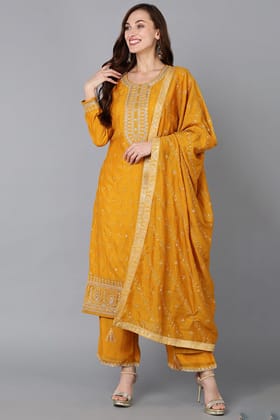 Silk Blend Mustard Embroidered Straight Kurta Pant With Dupatta PKSKD1817