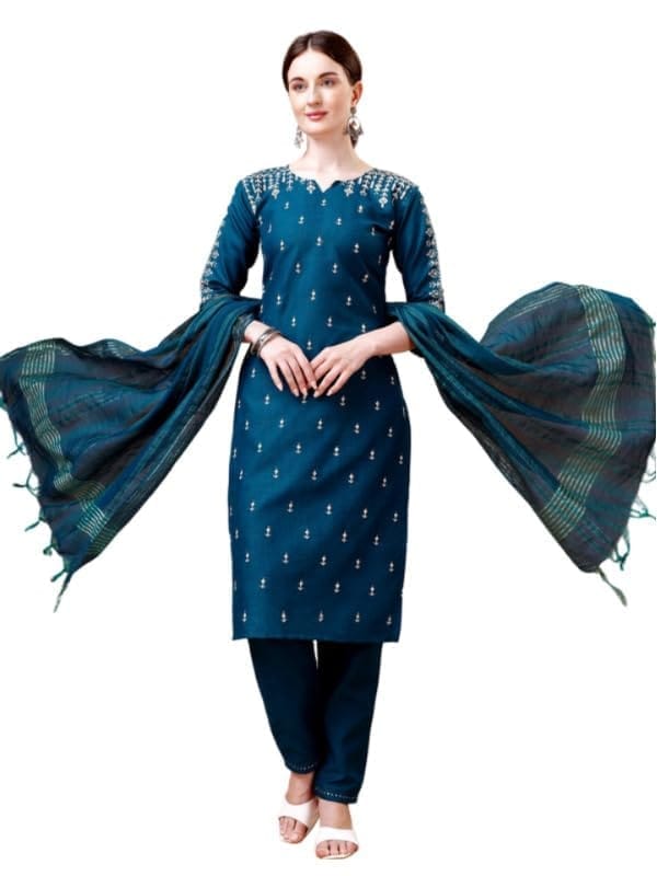 Women's Casual 3-4 th Sleeve Embroidery Cotton Kurti Pant Dupatta Set (Blue, M)-PID50245