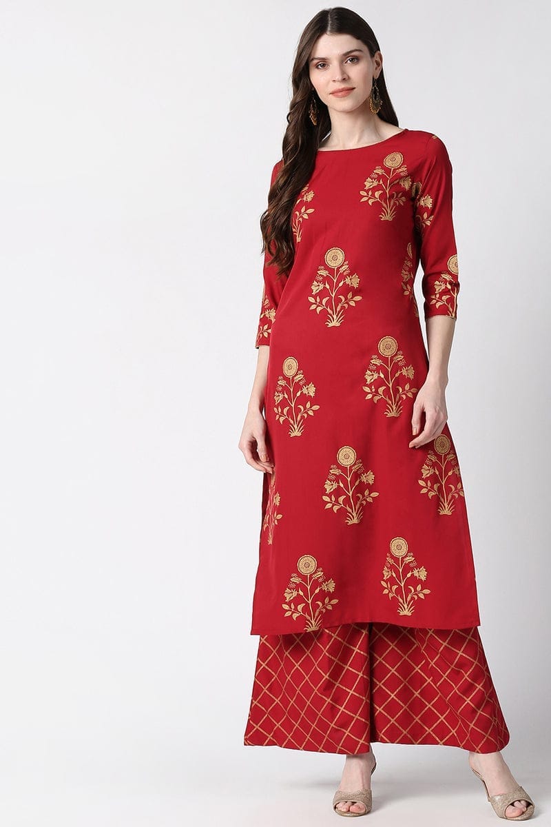 Red Polyester Ethnic Motifs Kurta & Palazzo Set PKSET1013