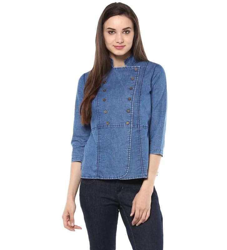 Women's Denim Solid 3-4th Sleeves Regular Top (Blue, L)-PID55875