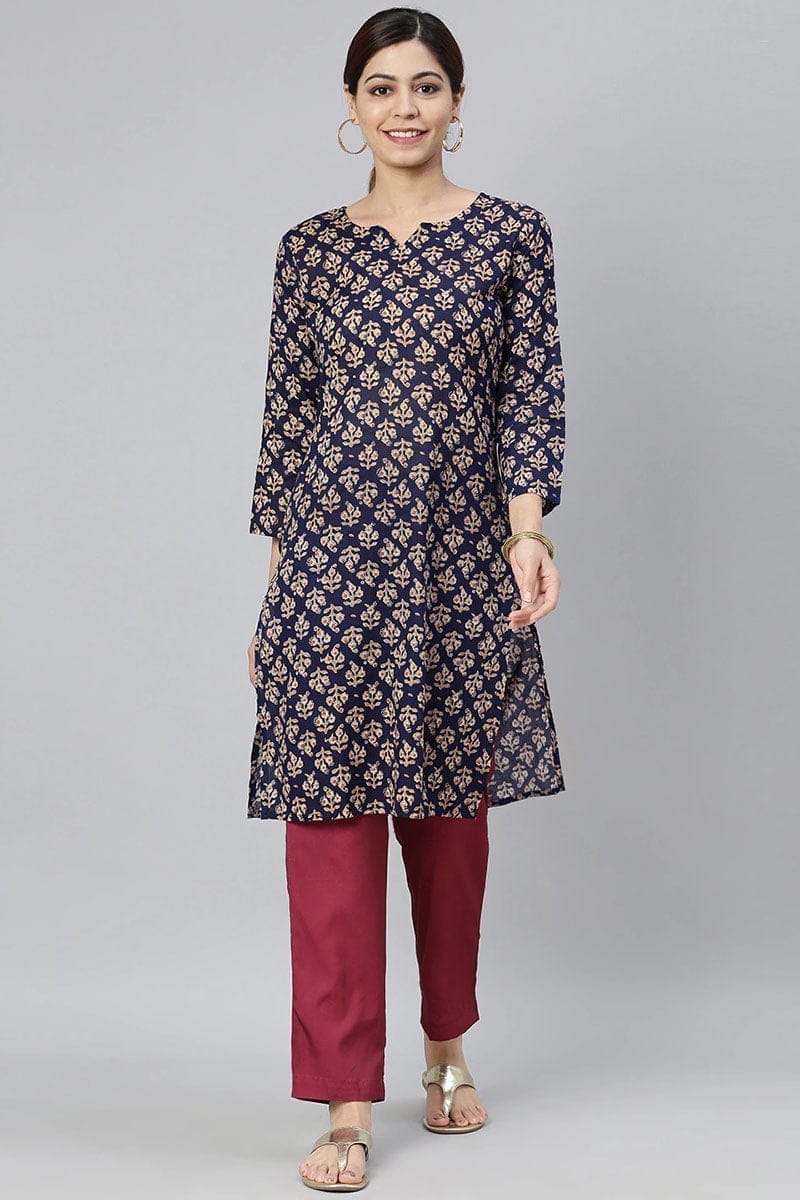 Women Navy Blue & Beige Ethnic Motifs Printed Kurta VCKSL8219