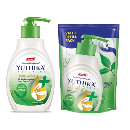 Yuthika Neem Handwash Combo Pack (200ml Pump + 180ml Refill), Germ Protection Liquid Hand Wash with pH Balanced Formula