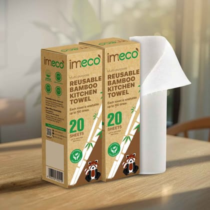 IMECO Reusable Bamboo Kitchen Towel Roll (20 Sheets, Pack of 2) | Ultra-Absorbent Natural Fiber | Kitchen Cleaning