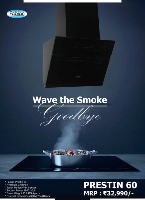 Fabian Prestin 60 Kitchen Chimney | 1800m3/hr Suction | Touch & Motion Sensor Control | Sleek Black Finish
