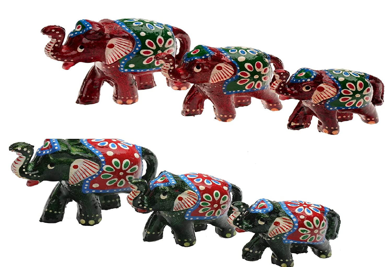 DreamKraft Paper Mache Elephant Showpiece, Standard, Red & Blue, 6 Piece
