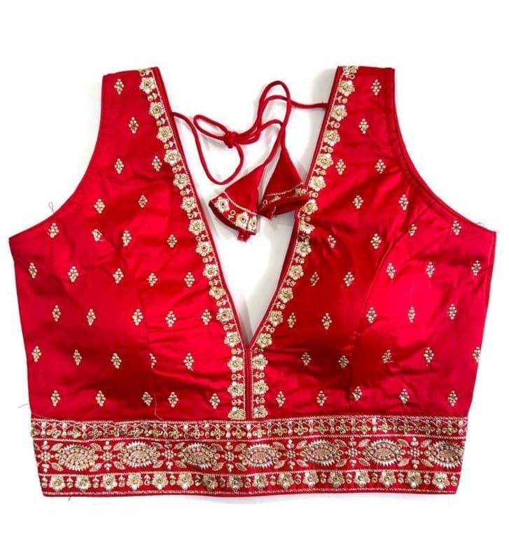 Women's Silk Thread Work V Neck Sleeve Less Readymade Blouse (Red, Free Size)-PID57731