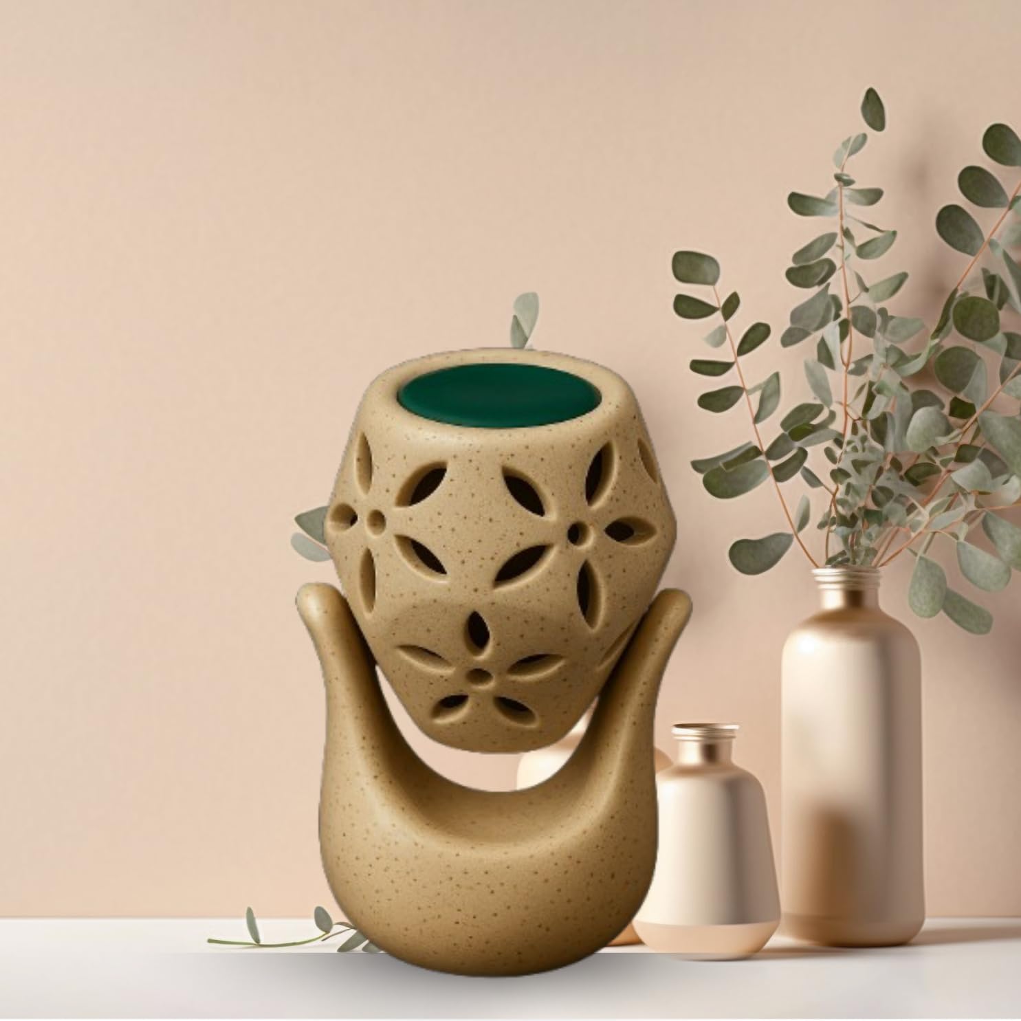 Eucalyptus Aroma Hand Diffuser Set, Carved Design, 6 Assorted Melts - Sandalwood, Rose, Lavender, Lemongrass, Eucalyptus, Blossom, Made in India