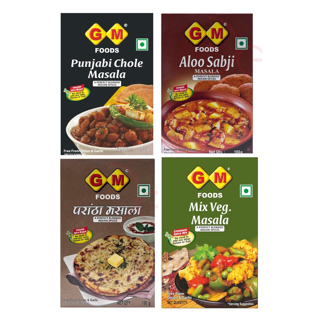 GM Foods Masala Combo Pack – Punjabi Chole Masala + Aloo Sabji Masala + Parantha Masala + Mix Veg Masala | 100g Each (Pack of 4) | Authentic Indian Spice Mix | Total 400g