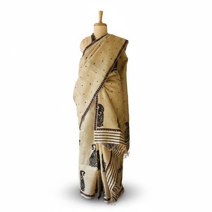 Artisanal Beige Cotton Saree with Traditional Block Prints