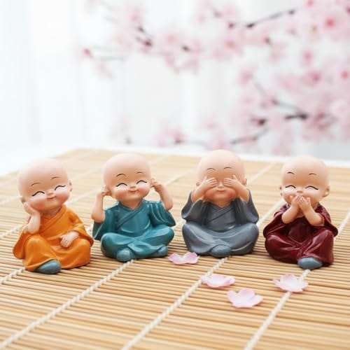 Set of 4 – Miniature Buddha Monk Statues for Home Decor and Gifts, Multicolour Resin Showpiece for Indoor | Cute