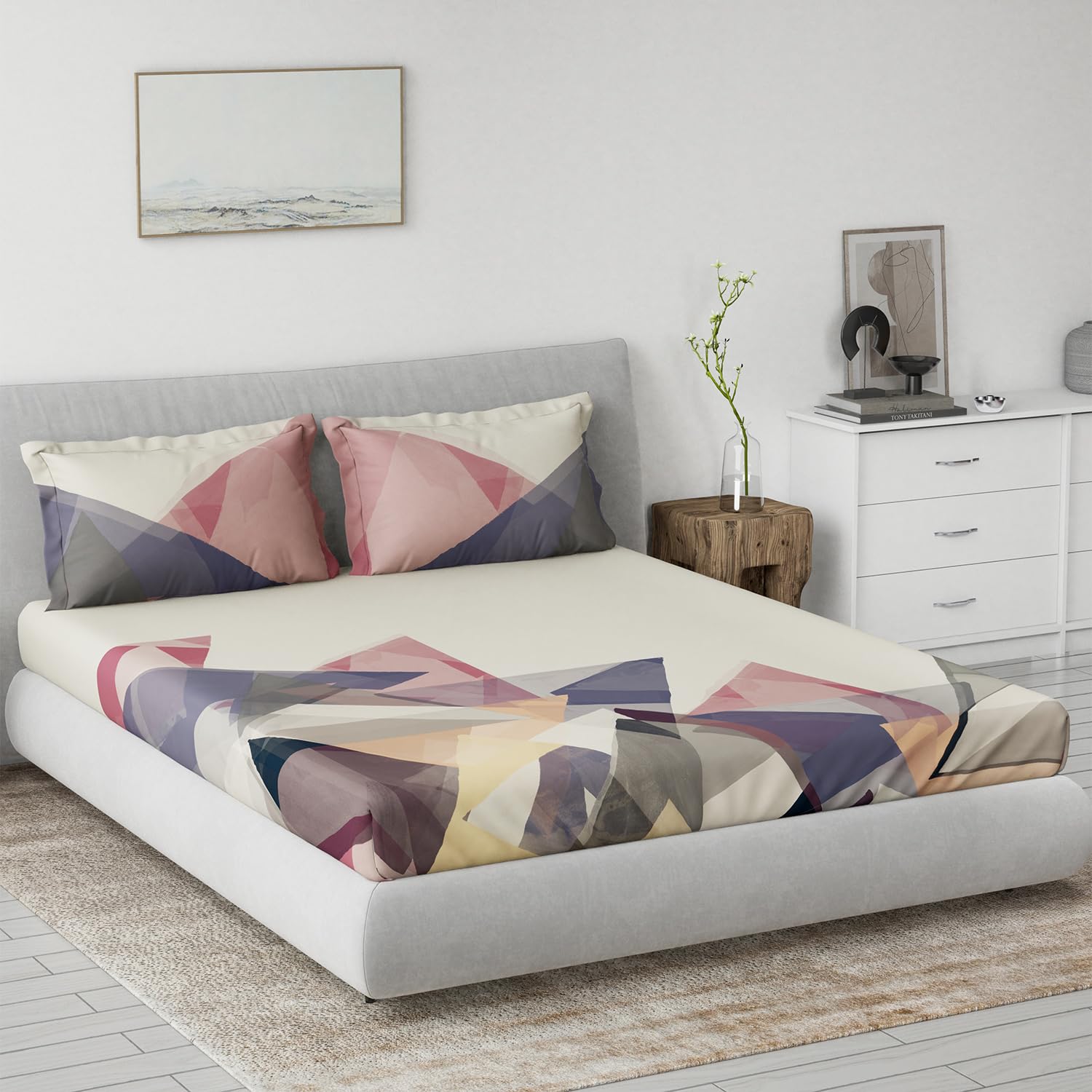DDECOR - Primary Collection 100% Cotton Geometric Pattern 145TC King Bedsheet |229 CM X 274 CM| with 2 Pillow Covers - Purple