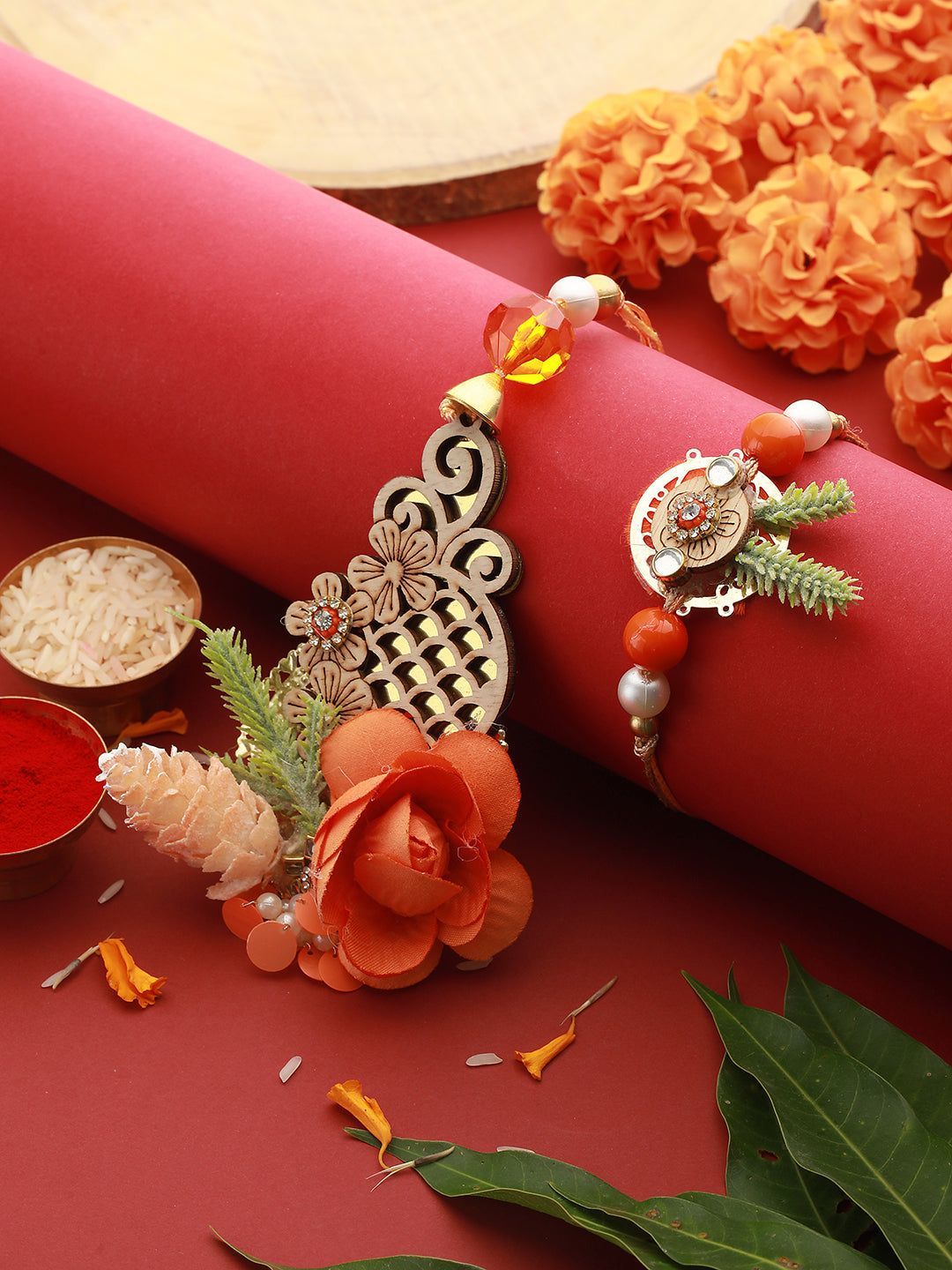 Orange Stones & pearl Beaded Handcrafted Lumba Rakhi Set With Roli Chawal