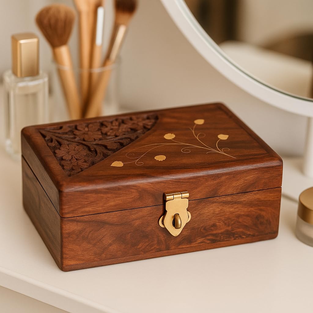 Jewelry Box with Brass Engraving Design | Handmade Wooden Jewellery Organizer Box for Rings, Earrings & Necklace Storage