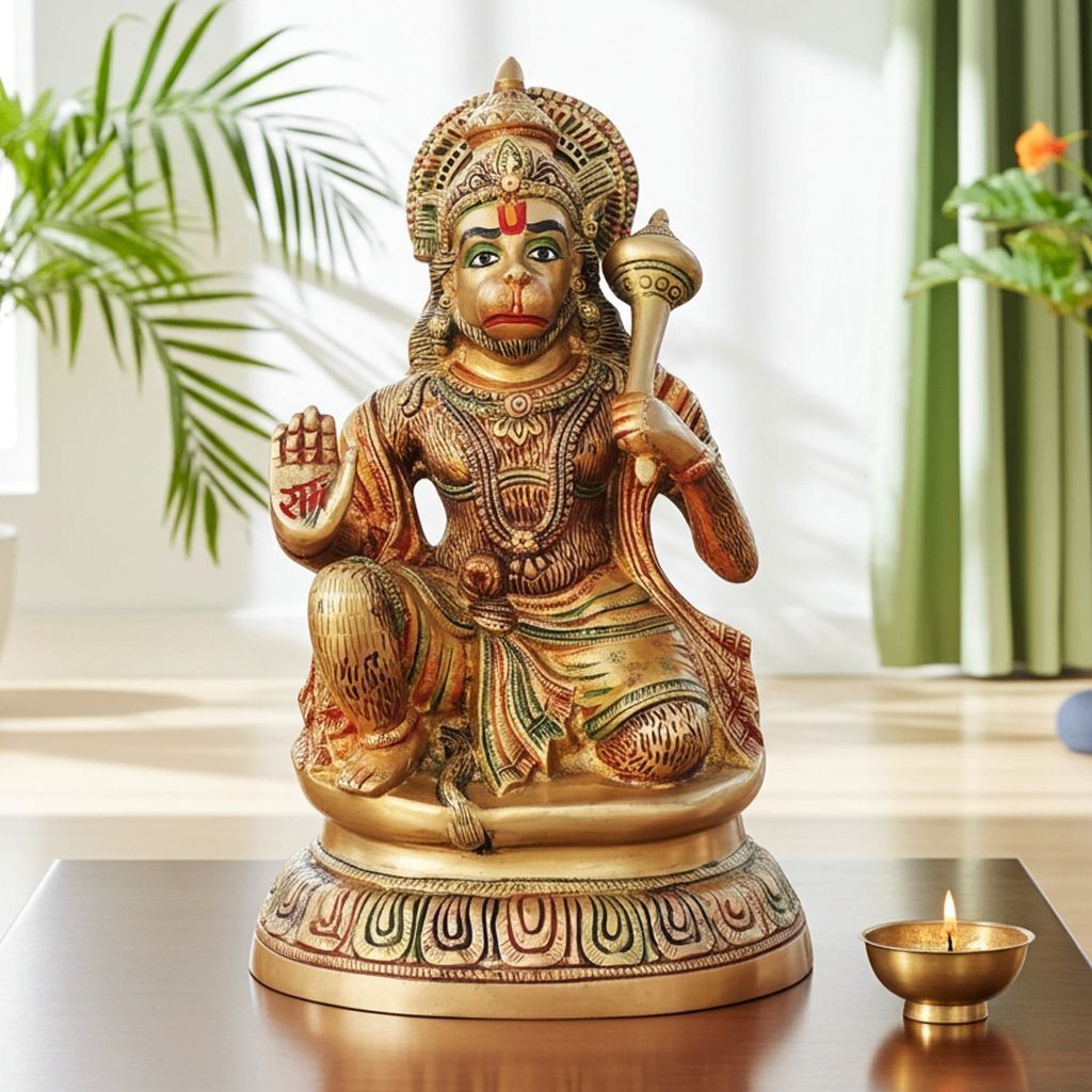 Brass Sitting Hanuman Ji Idol - Traditional Temple Murti, Height : 15.5 Inch (BSMAS499 A)