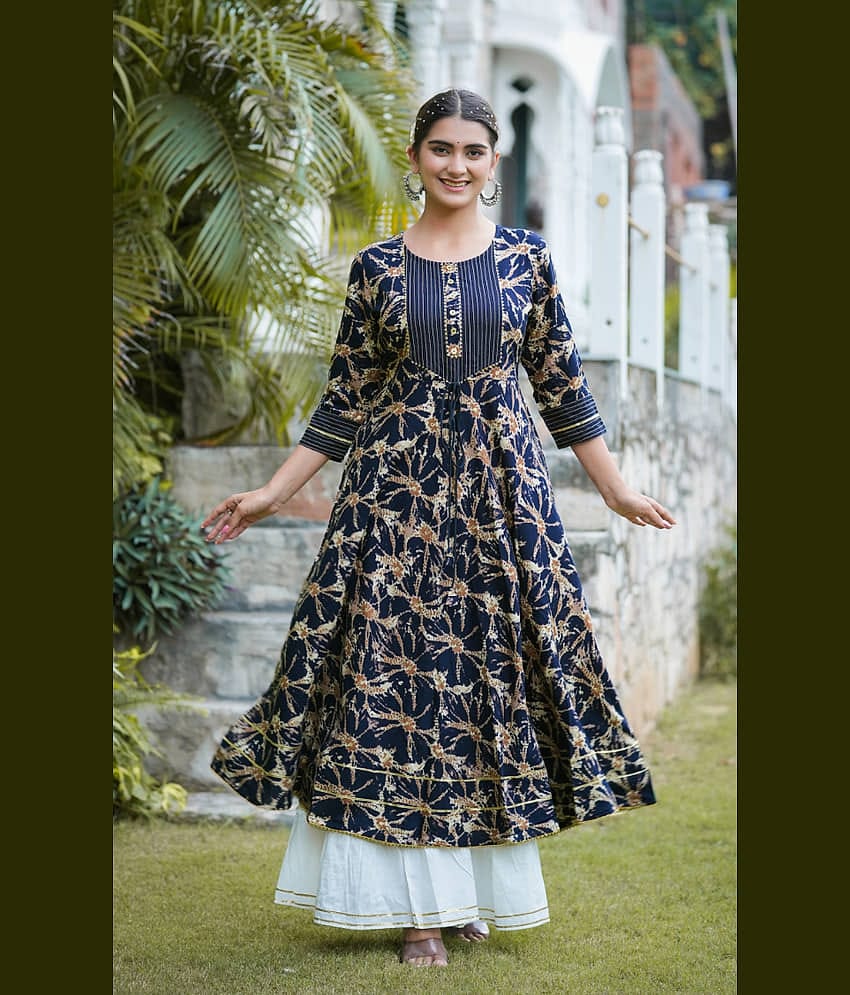 Yash Gallery Pack of 1 Rayon Printed Anarkali Women's Kurti - ( Blue )