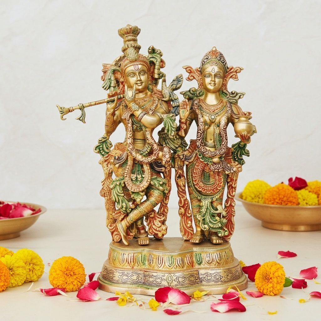 Brass Radha Krishna Same Base Idol - Traditional Brass Statue, Height : 16.8 Inch (BSMAS939 A)