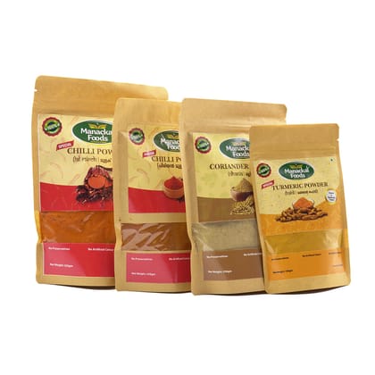 Manackal Foods Authentic Spice Combo Pack Special Blend-Chilli Powder-200g, Coriander Powder-200g, Turmeric Powder- 200g&Marayoor Jaggery powder-200g | Pure & Natural | 4 Pack-700g