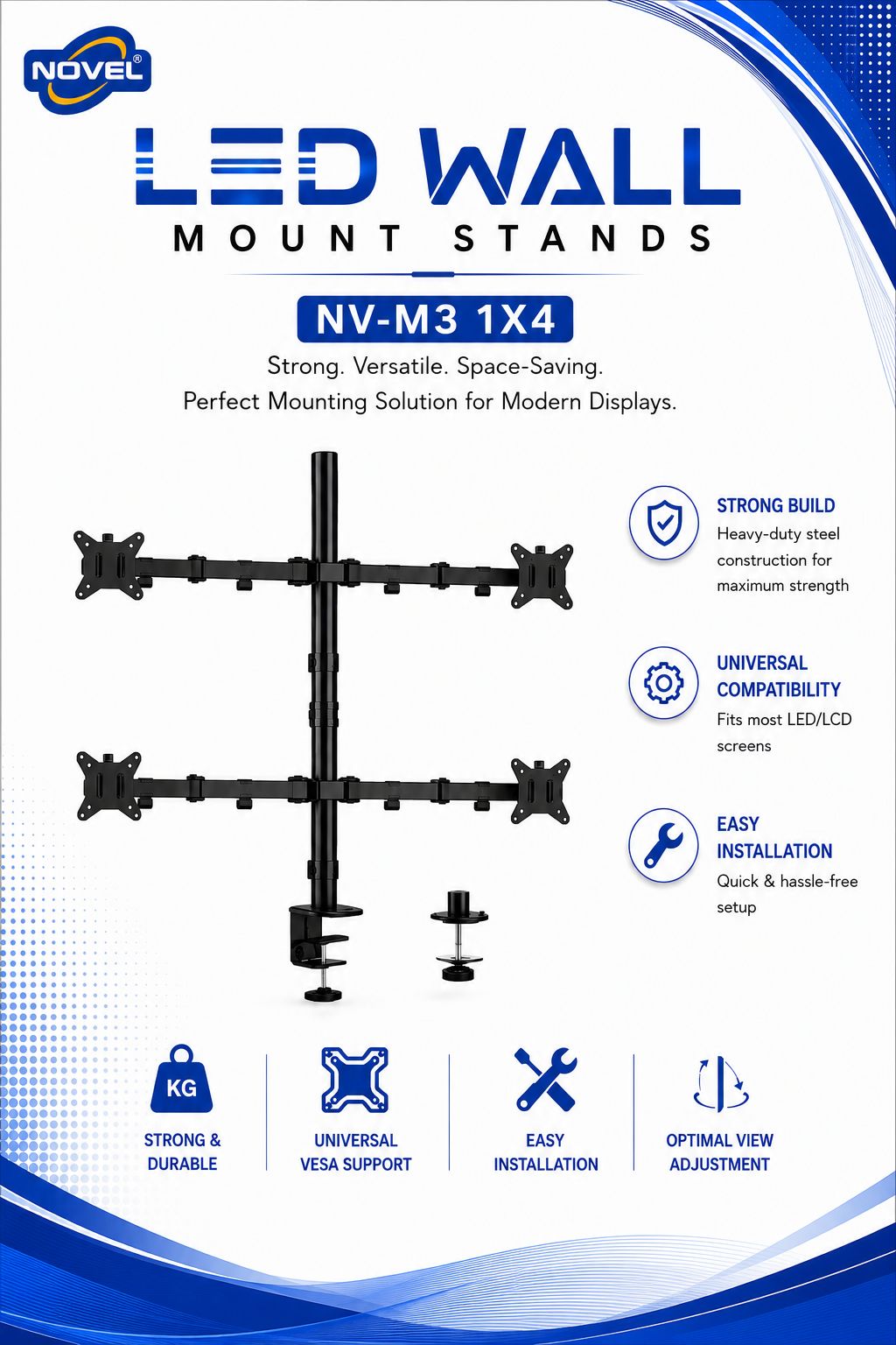 NOVEL NV-M3 1X4 Heavy-Duty Quad Monitor LED/LCD Wall Mount Stand with Universal VESA Support, Height Adjustment & Desk Clamp/Grommet Base