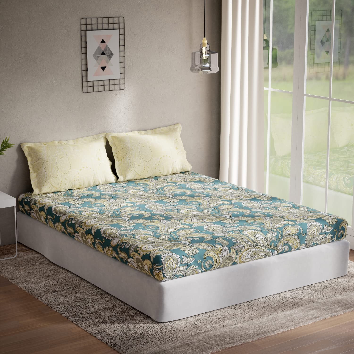 DDECOR - Alpha Collection 100% Cotton Ethnic Pattern 144 TC Queen Bedsheet |224 CM X 254 CM| with 2 Pillow Covers - Green