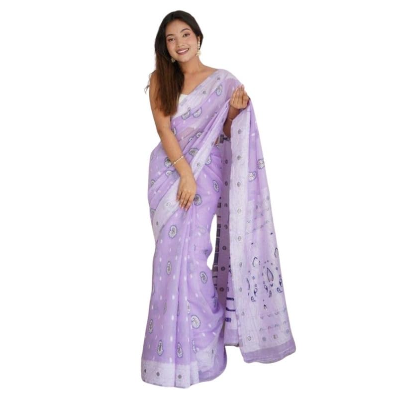 Women's Cotton Printed Saree With Unstitched Blouse 5.5Mtr (Lavender)-PID60310