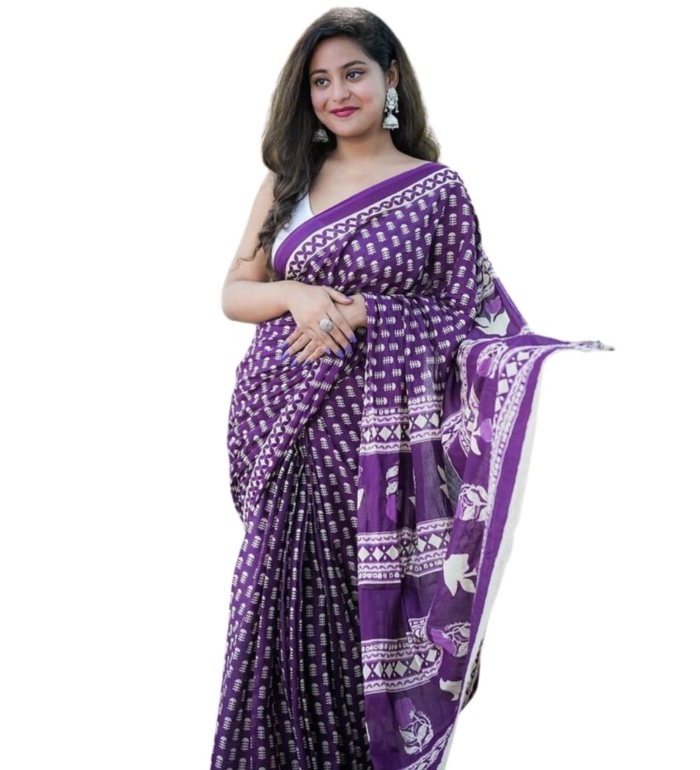 Women's Linen Printed Saree With Unstitched Blouse - 5.5 Mtr (Purple)
