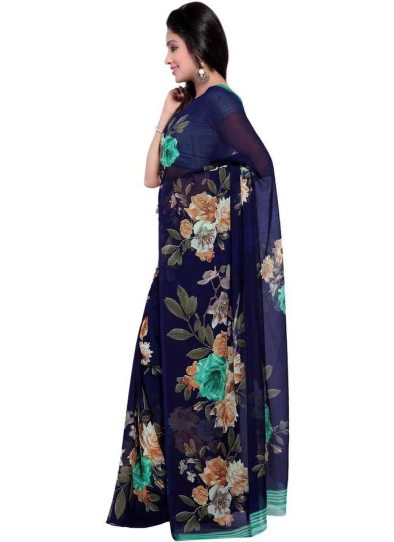 Printed Faux Georgette Blue Color Saree
