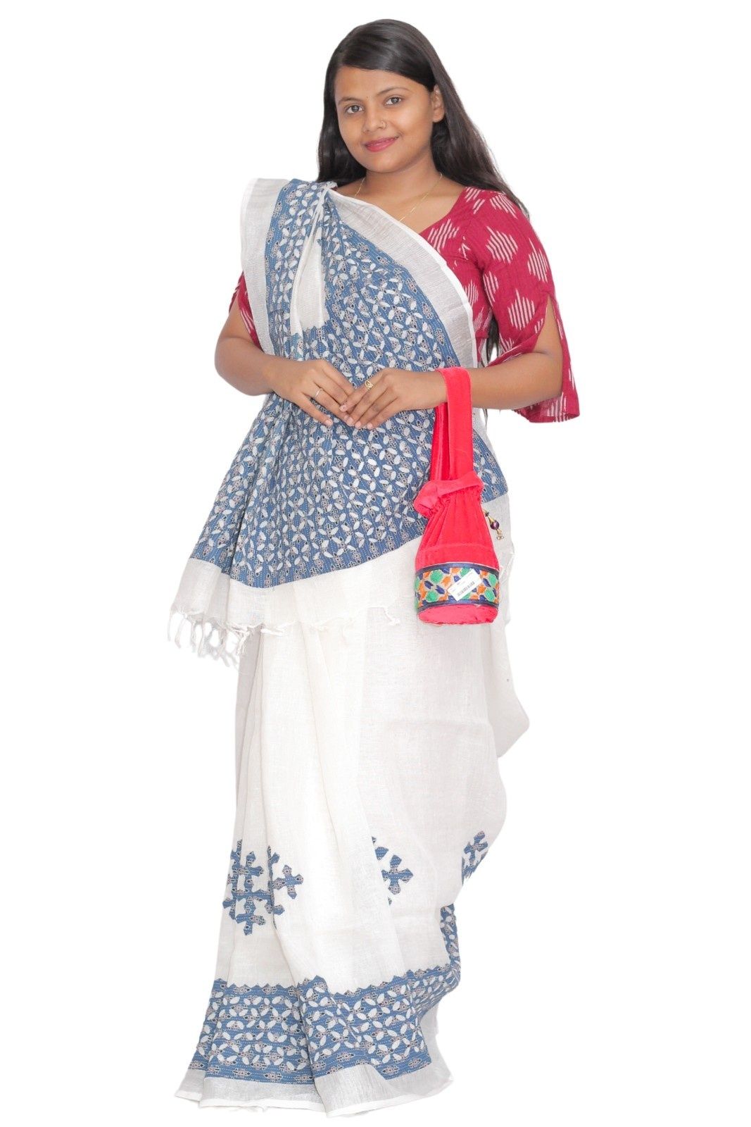 Tisser Linen Applique Cutwork Saree with Blouse Piece – Classic White