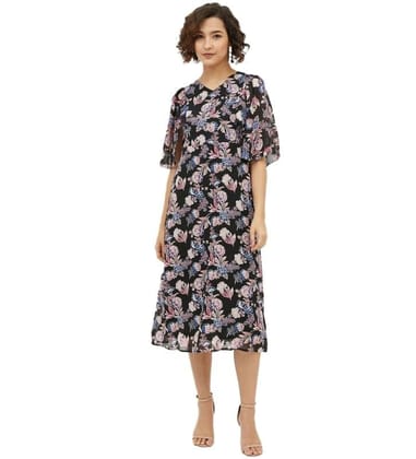 Women's Polyester Chain Print Cap Sleeve Calf-Length Dress (Multicolor, M)-PID55799