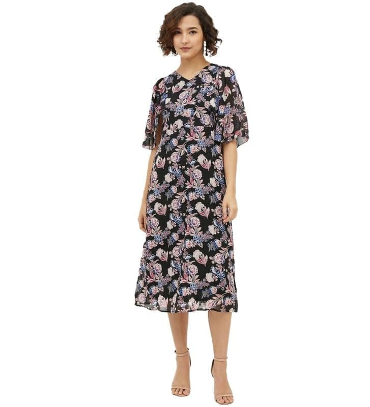 Women's Polyester Chain Print Cap Sleeve Calf-Length Dress (Multicolor, M)-PID55799