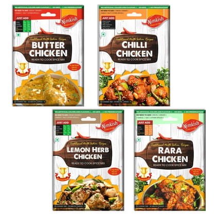 Nimkish Chicken Spice Mix Combo Pack of 4 | Butter Chicken, Chilli Chicken, Lemon Herb & Rara Chicken