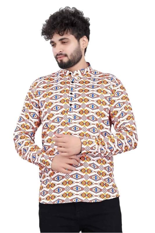 Men's Cotton Blended Printed Full Sleeve Shortkurta (Multicolor, XL)-PID53465
