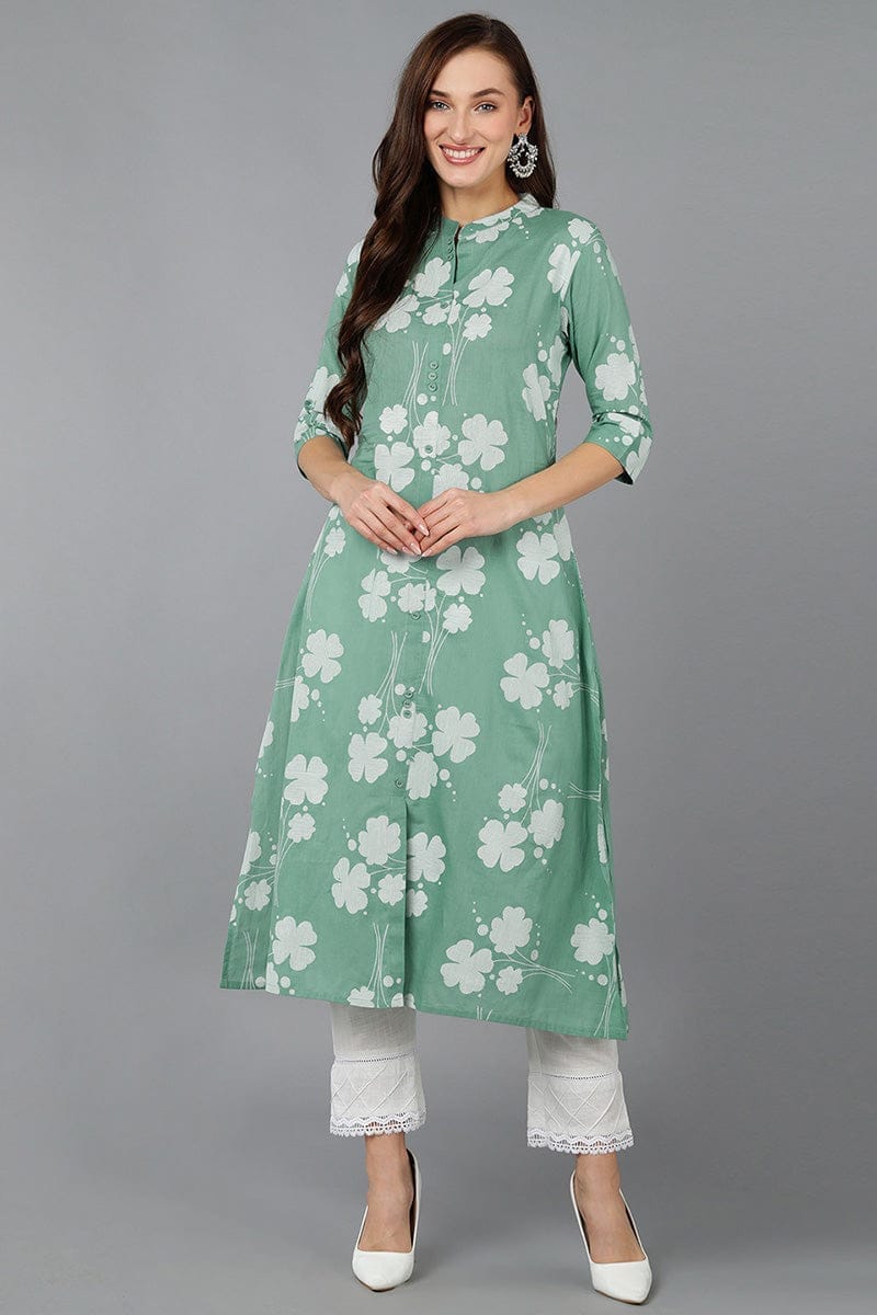 Green Cotton Floral Printed A-Line Kurta VCK8615
