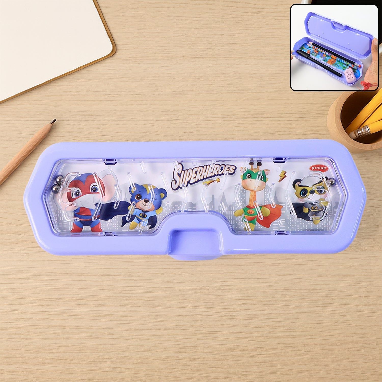 Cartoon Character Printed Plastic Pencil Box with Built-in Maze Puzzle Game (1 Pc)
