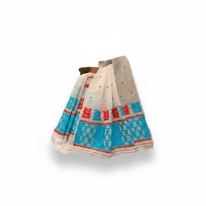 Traditional White Saree with Blue and Red Ethnic Borders