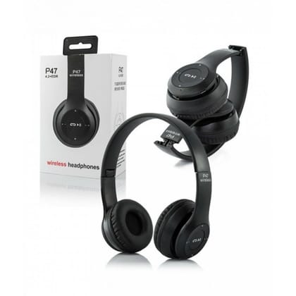 P47 Wireless Bluetooth Headphones, Deep Bass Sound, Foldable Design with Built-in Mic (Black)