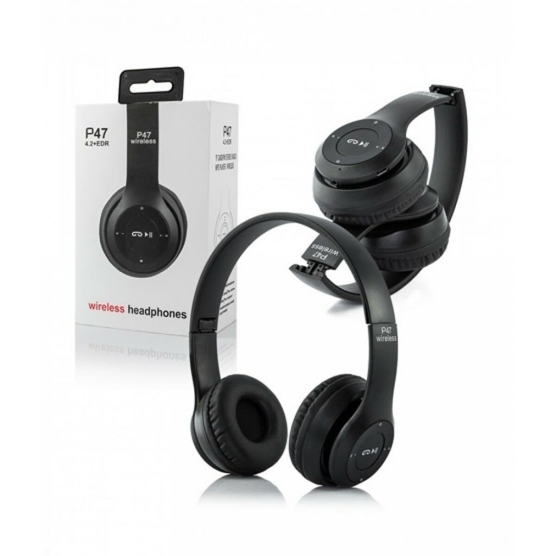 P47 Wireless Bluetooth Headphones, Deep Bass Sound, Foldable Design with Built-in Mic (Black)